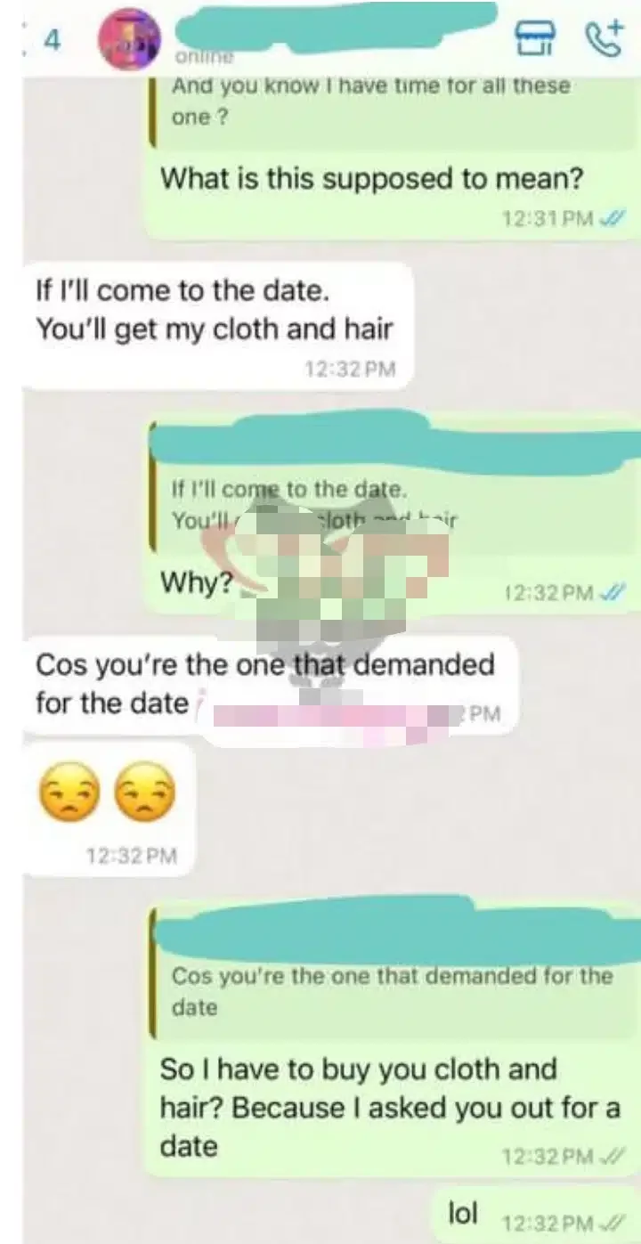 'Dress is N25K, hair is N180K...' - Viral chat between man and lady he's asking out on date surfaces, stirs reactions