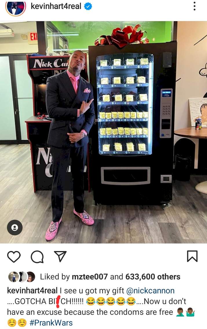 Kevin Hart sends Nick Cannon vending machine packed heavily with condoms after Nick revealed he's expecting his 8th child