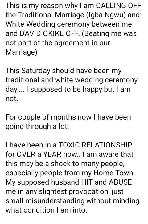 'Beating me was not part of the agreement in our marriage' - Nigerian lady calls off her wedding few days to D-Day as fiancé allegedly turned her into punching bag