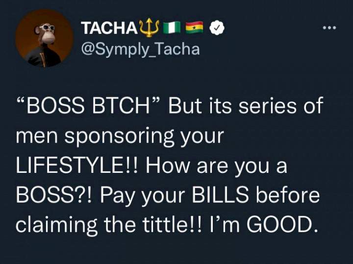 'Boss Btch, but it's series of men sponsoring your lifestyle' - Tacha throws shade