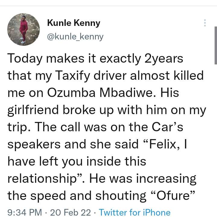 Man narrates how he almost lost his life after taxi driver got dumped by his girlfriend while driving