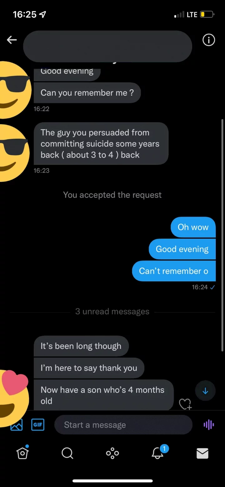 Man shares chat with guy who came back to thank him for stopping him from taking his life years back