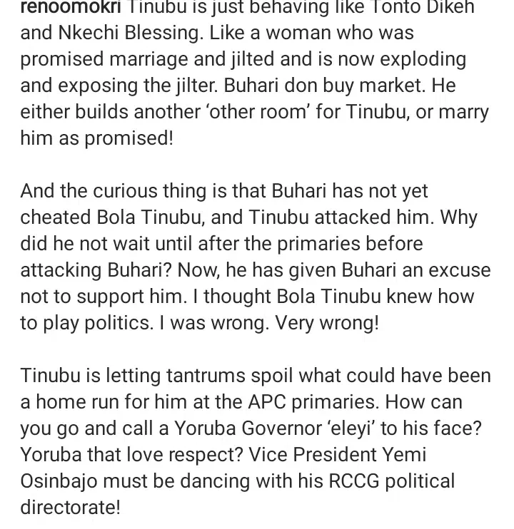 'I am sure the woman you married is tired of that marriage' - Nkechi Blessing Sunday blasts Reno Omokri after he compared her to Tinubu