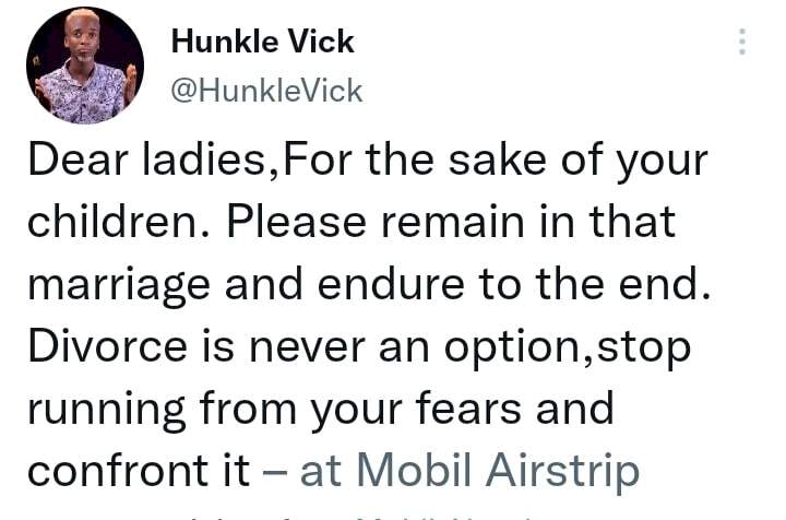 'Remain in your marriage and endure to the end' - Twitter user tells women as he reveals why divorce is never an option