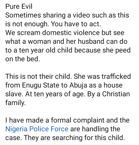 10-year-old girl allegedly beaten by her madam's husband for bed-wetting in Abuja (video)