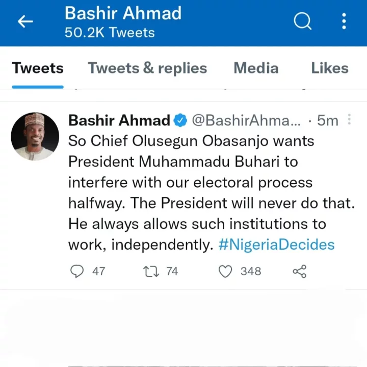 'So Obasanjo wants Buhari to interfere with our electoral process halfway?' Buhari's aide Bashir Ahmad says after Obasanjo's open letter to the Nigerian President
