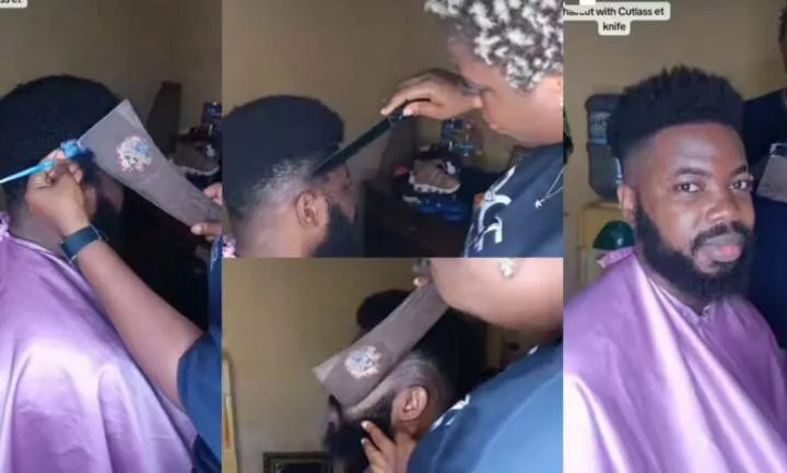See as talented female barber uses knife and cutlass to give man clean haircut (video)