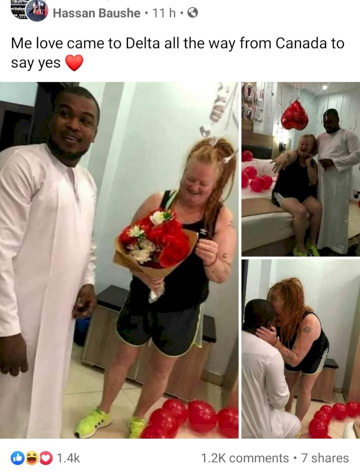 Nigerian man rejoices as his older Canadian girlfriend accepts his proposal in Delta state