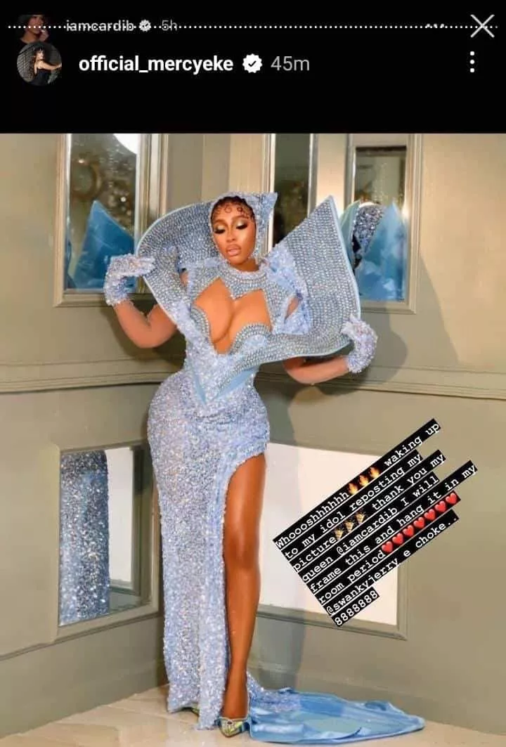 'I will frame this and hang on my wall' - Mercy Eke over the moon as Cardi B recognises her AMVCA attire
