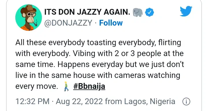 'Flirting with more than 2 people is normal' - DonJazzy defends BBNaija housemates in entanglements
