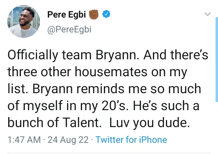 Pere reveals his favourite #BBNaija season 7 housemate
