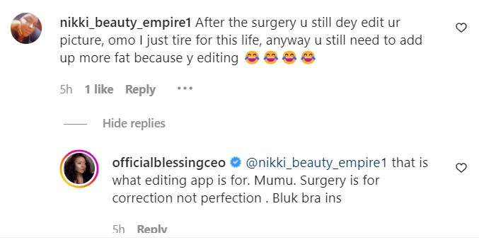 'Surgery is for perfection not correction' - Blessing Okoro writes after she was called-out for still editing her 'ikebe'