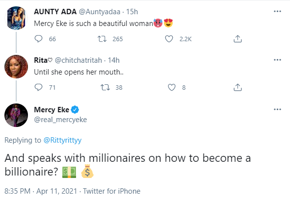 “I speak with millionaires” – Mercy Eke replies troll who mocked her accent