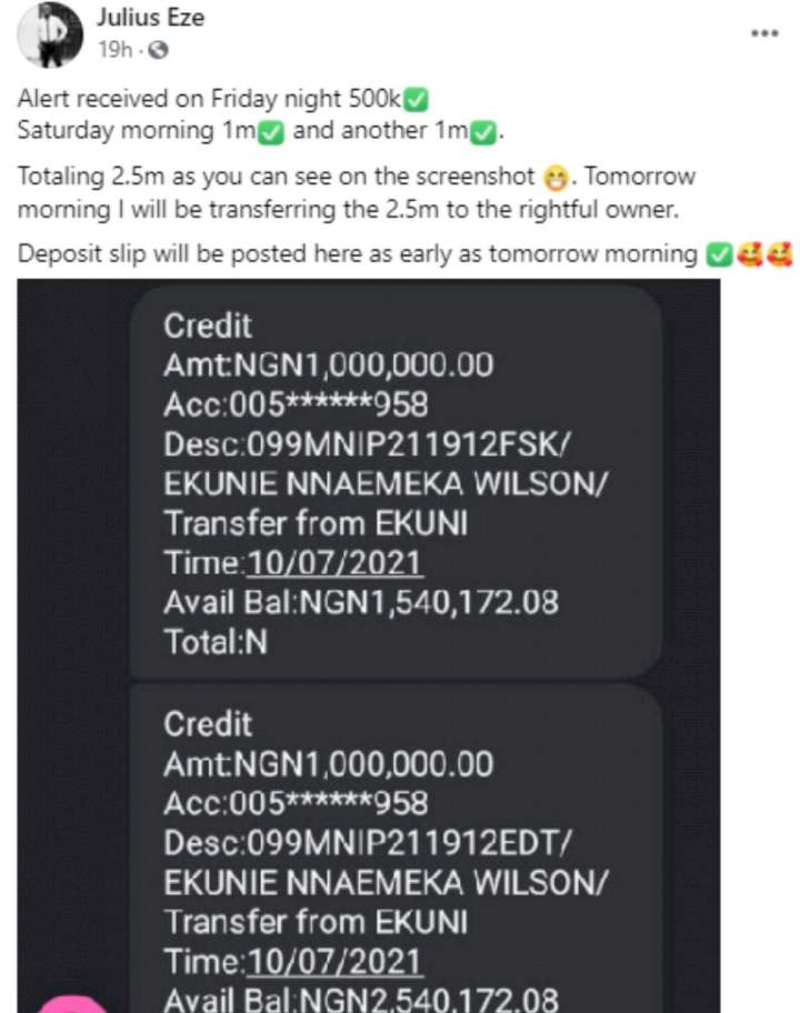 Man returns N2.5 million mistakenly sent to his account by a stranger