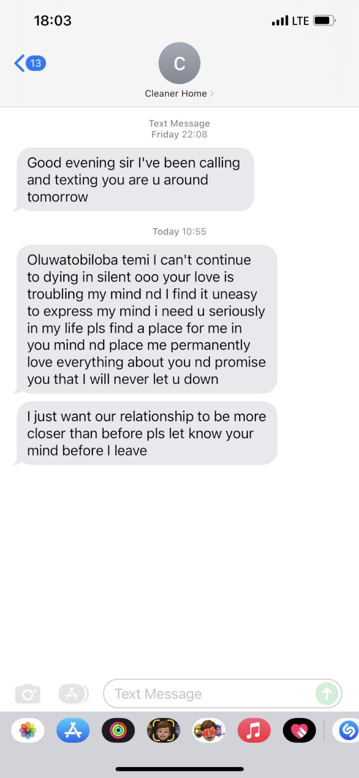 'I can't continue to die in silence' - Man shares the romantic text messages he recieved from his female cleaner.