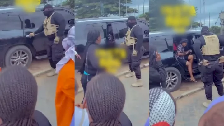 "Doings get level" - Reactions as student storms school with hefty bodyguard (Video)