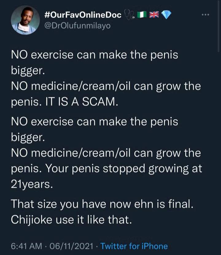 No medicine, cream or oil can grow the p#nis. It is a scam - Nigerian doctor tells men