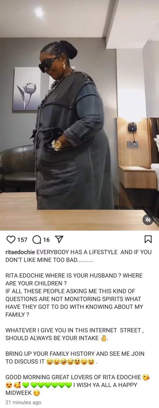 Actress, Rita Edochie responds to those asking about her husband and children