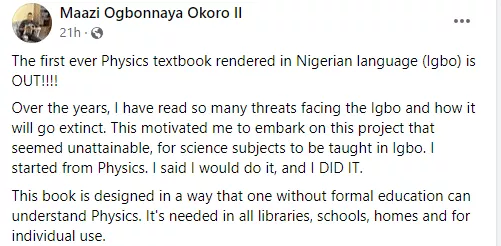 Man receives accolades as he writes Physics textbook in Igbo