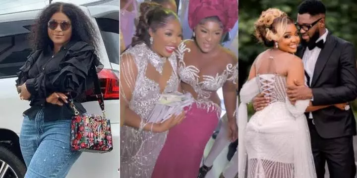 Destiny Etiko publicly gifts Ekene Umenwa bundles of cash at her wedding reception