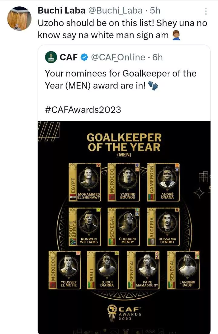 'Where's Uzoho?' Nigerians ask as CAF releases Goalkeeper of the Year nominees