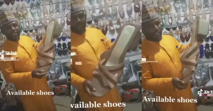 "Na Goliath wife shoe be this" - Shoe vendor sparks reactions as he advertises female gigantic footwear