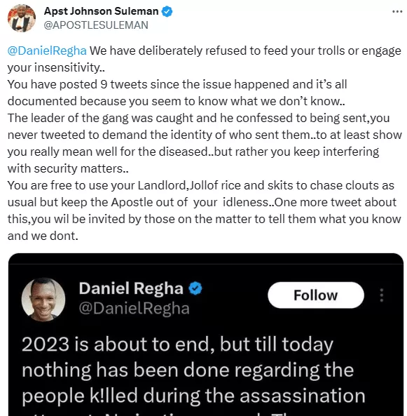 'One more tweet about this...' - Apostle Suleman sends stern warning to Daniel Regha over recent statement