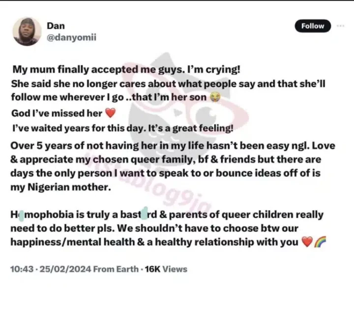 'I don't care what people say anymore' - Nigerian gay man rejoice as his mother finally accepts his sexuality