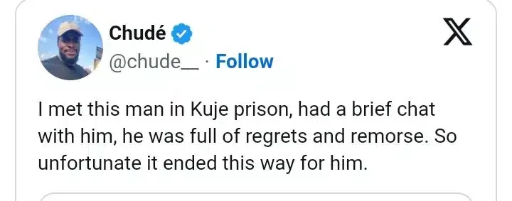 'What Osinachi's husband told me in Kuje prison'- Man shares
