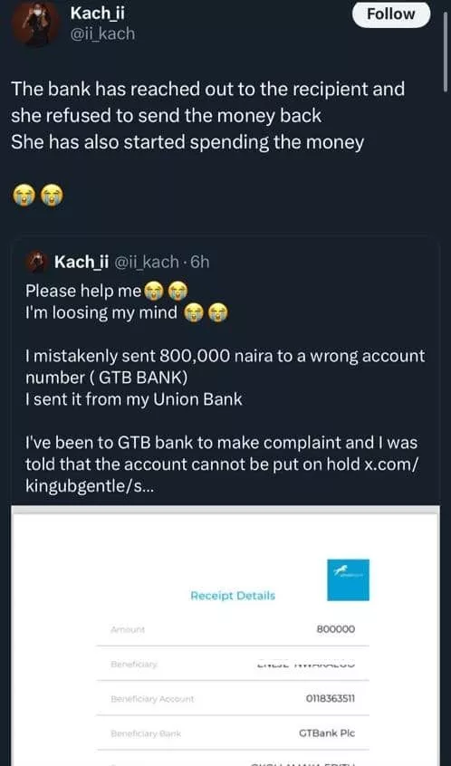 Lady cries out as recipient refuses to return N800k mistakenly sent to her
