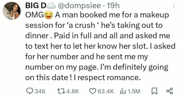 Man goes viral following creative way of asking makeup artist out on a date