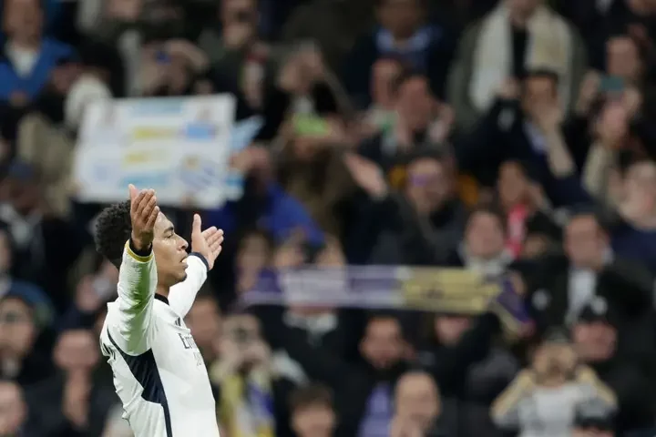Real Madrid's Jude Bellingham celebrates after scoring against Villareal on December 17.