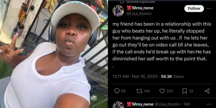 Lady reveals friend's abusive boyfriend hits her 20 times daily, enforces video surveillance