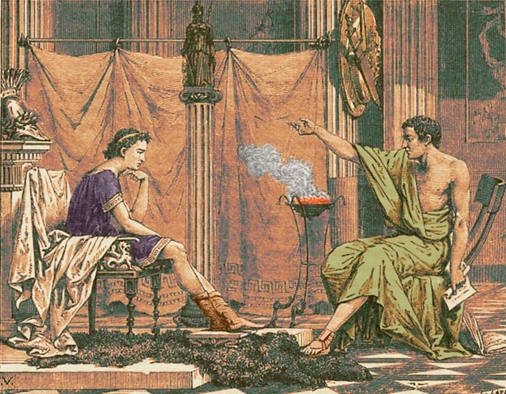 Alexander the Great (left) in his purple tunic as he is taught by Aristotle