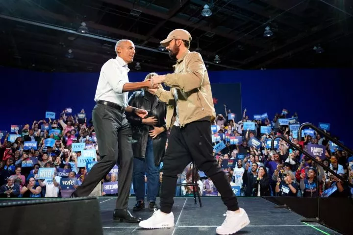 Watch Barack Obama rap Eminem?s ?Lose Yourself? at Kamala Harris? rally in front of the rapper (video)