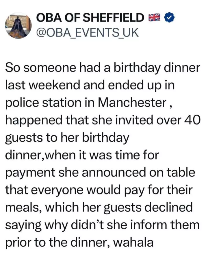 Lady lands in Police station after guests refused to pay for birthday dinner