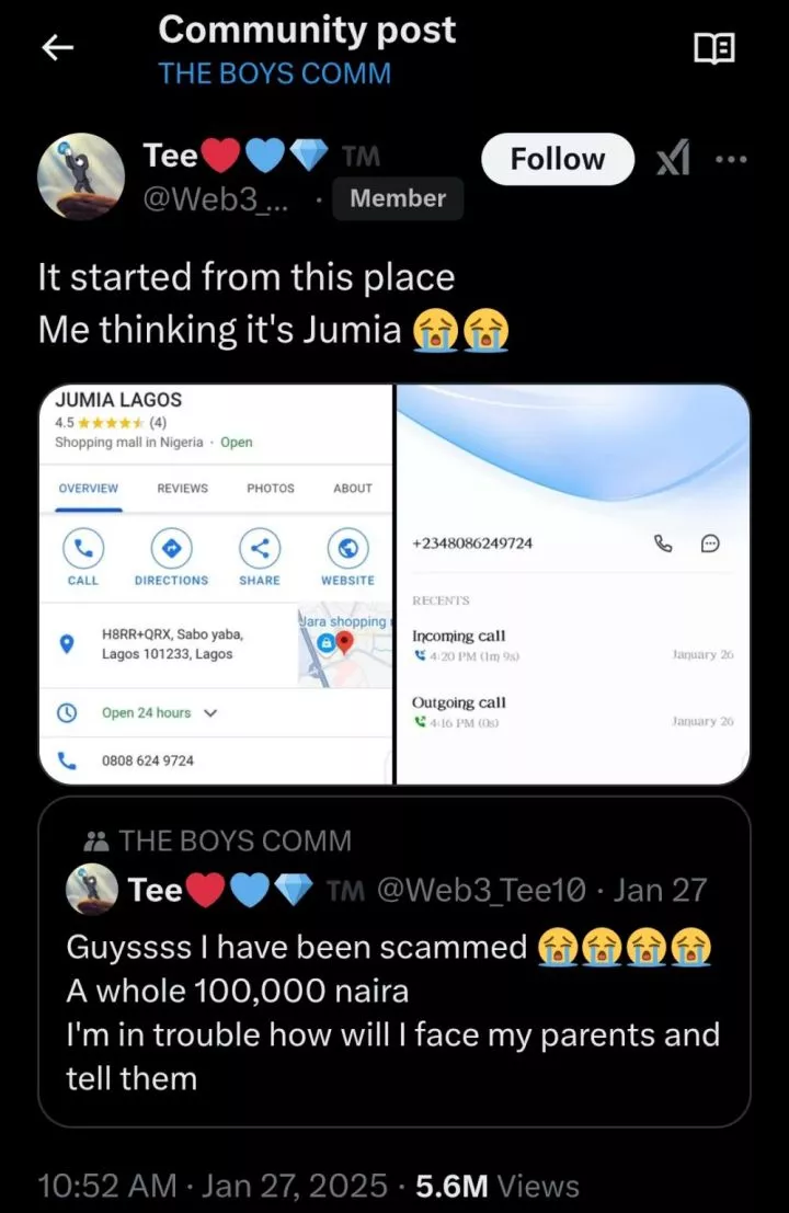 Man loses ₦100k in online scam by fake Jumia agent