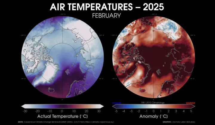 Two globes one showing Artic temperatures in February the other showing temperature anomalies