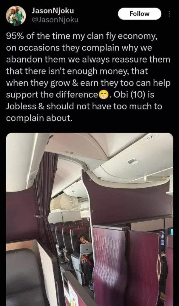 Jason Njoku shares lesson he teaches son who complains about flying economy class