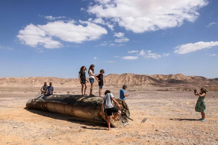 The remains of an Iranian missile in the Negev desert, near Arad, in the aftermath of an Iranian missile attack on Israel on October 2. File photo: AFP