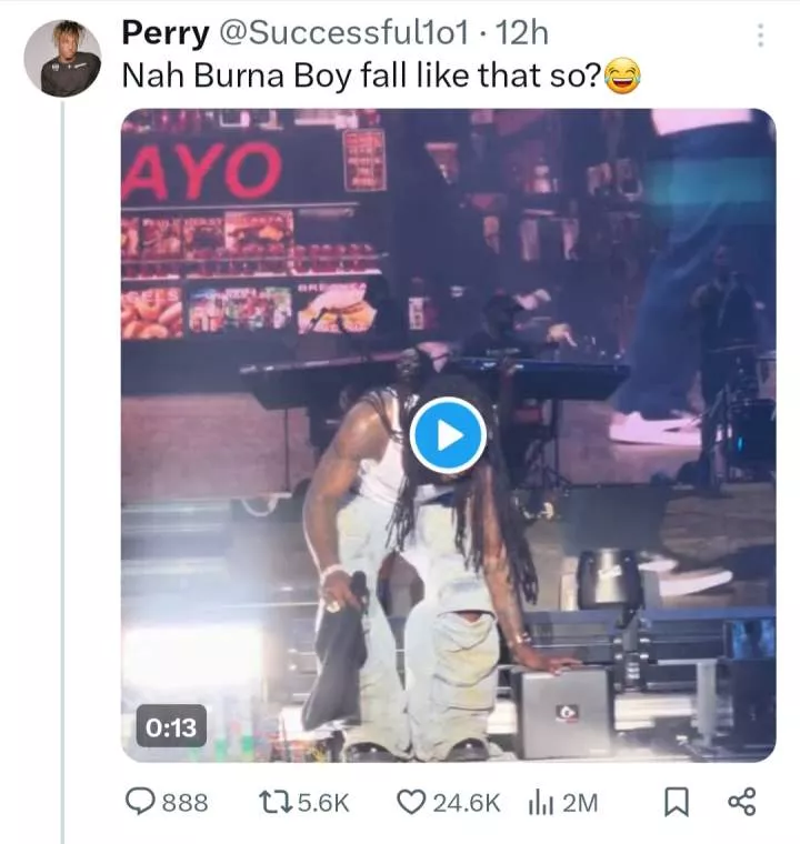 Burna Boy falls off stage while performing (video)