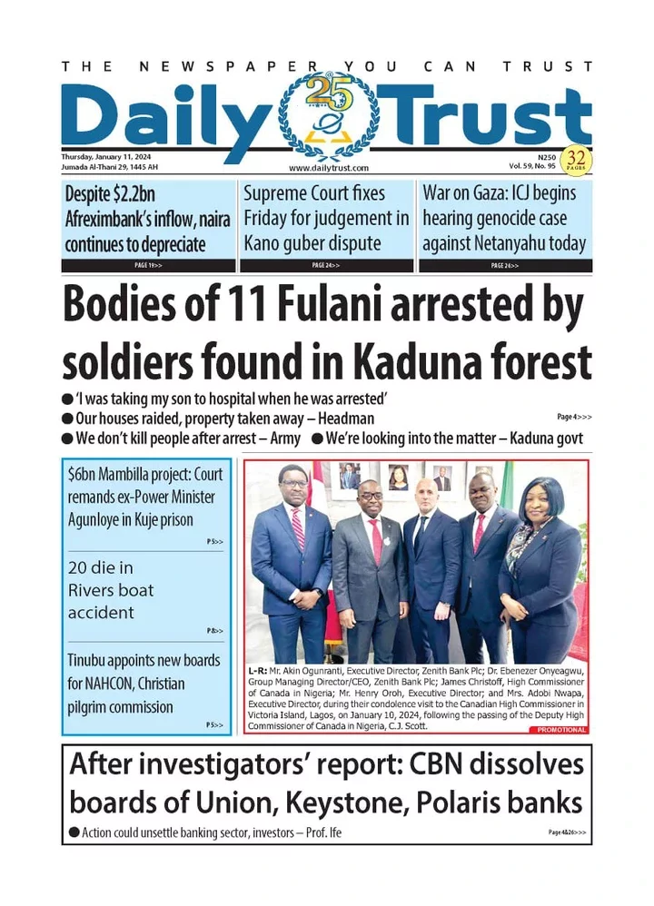 Nigerian Newspapers Daily Front Pages Review - Thursday 11th January, 2024