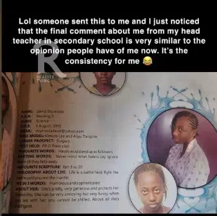 'She has been struggling with haters since' - Reactions as Doyin's parting words in secondary school magazine surfaces