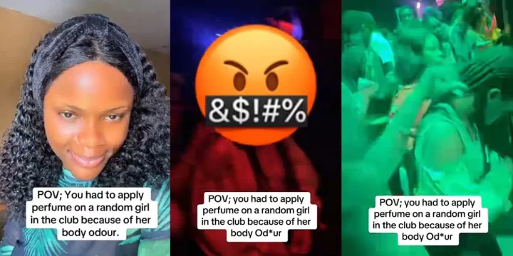 Nigerian lady sparks outrage as she sprays deodorant on random club-goer due to body odor (video)