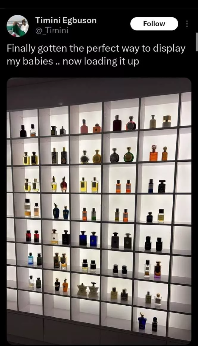 Timini Egbuson stirs reactions as he shows off his perfume collection