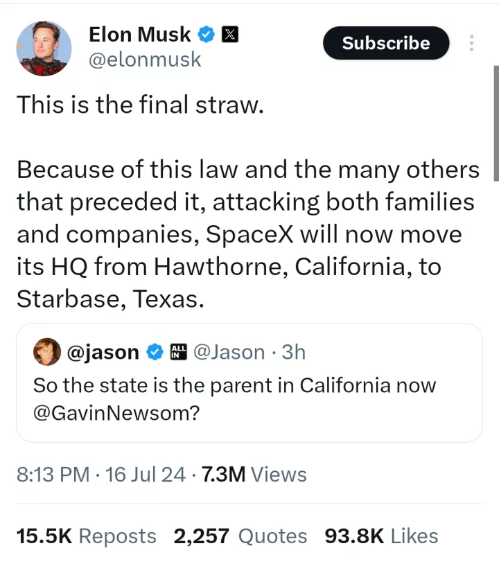 Elon musk moves his company HQ from California to Texas in response to new law banning schools from telling parents their child is tr@nsg3nder