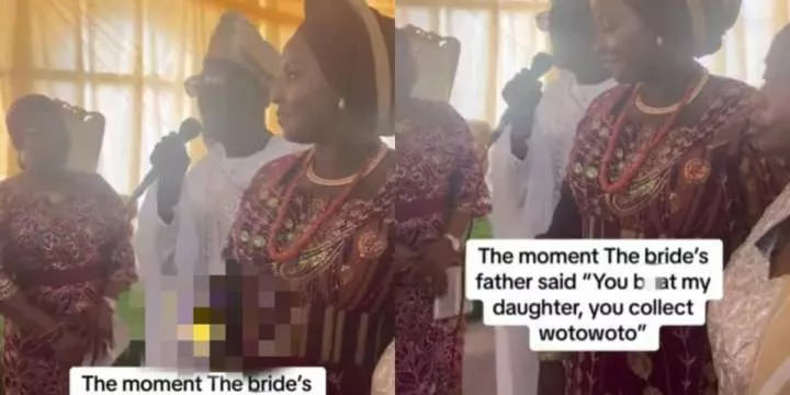 Moment bride's father sternly cautions groom during wedding
