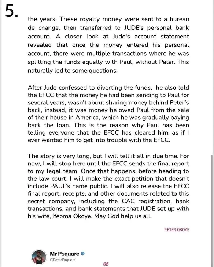 Peter Okoye strikes again with fresh open letter; counters Paul's EFCC arrest claims; exposes Jude, his wife