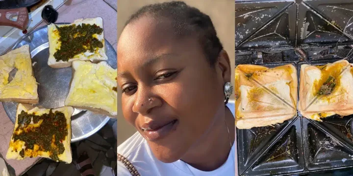 Nigerian lady makes toasted bread using vegetable soup instead of eggs