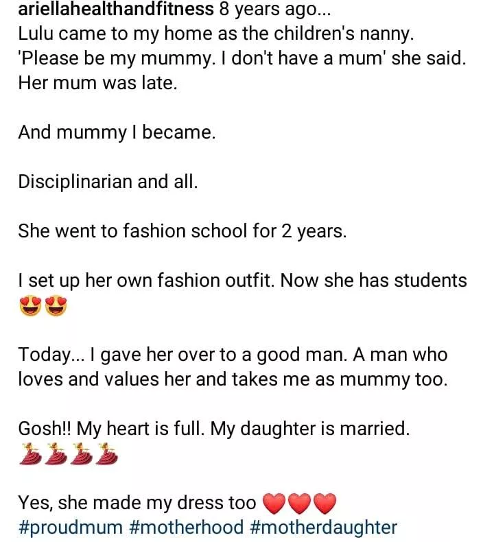 'My heart is full' - Lady gives out her adopted daughter's hand in marriage 8 yrs after she came into her home as a nanny